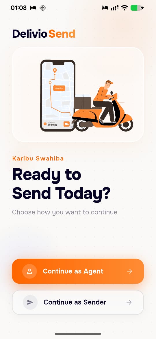 DelivioSend rider delivering a parcel with phone showing live map